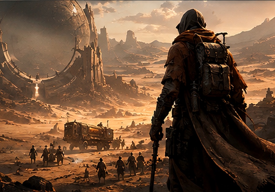 Illustrated caravan crossing the Dunebound desert